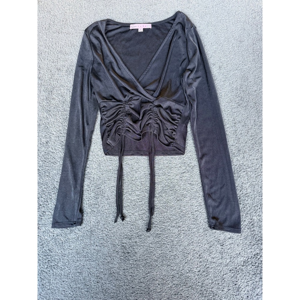 Crave Fame Black Long Sleeve Ruched Wrap V-Neck Crop Top Sz M JE6681G96MC